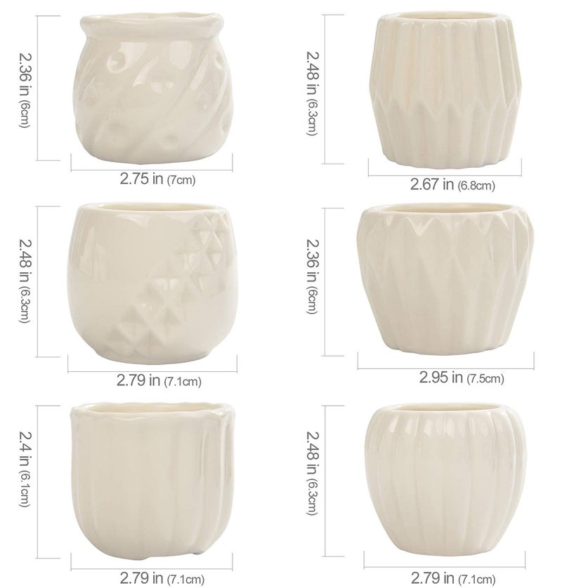 B SEPOR Set of 6 White Simple Porcelain Planters for Small Plant Pots Baby Succulent Cactus with Drainage and Saucer for Home Office Decoration Gift(White Stripes) - Image 5