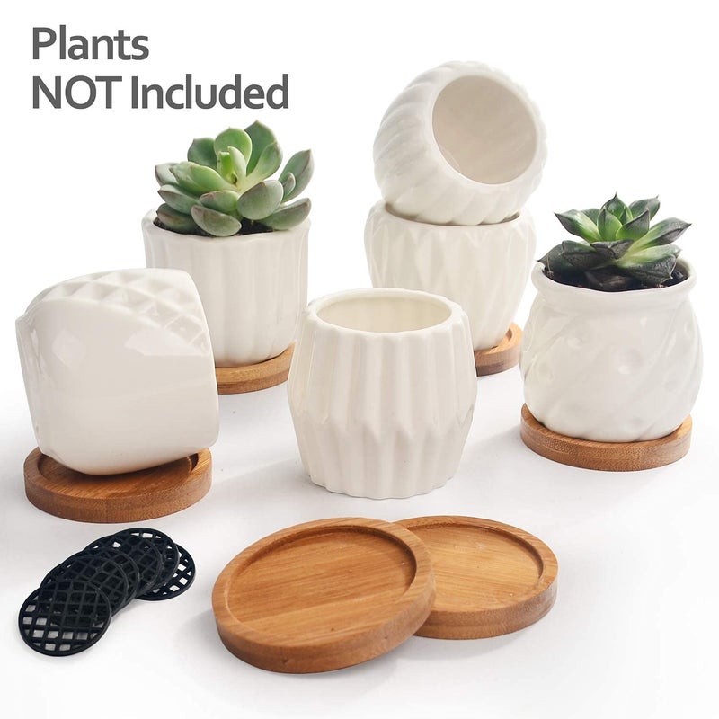 B SEPOR Set of 6 White Simple Porcelain Planters for Small Plant Pots Baby Succulent Cactus with Drainage and Saucer for Home Office Decoration Gift(White Stripes) - Image 2