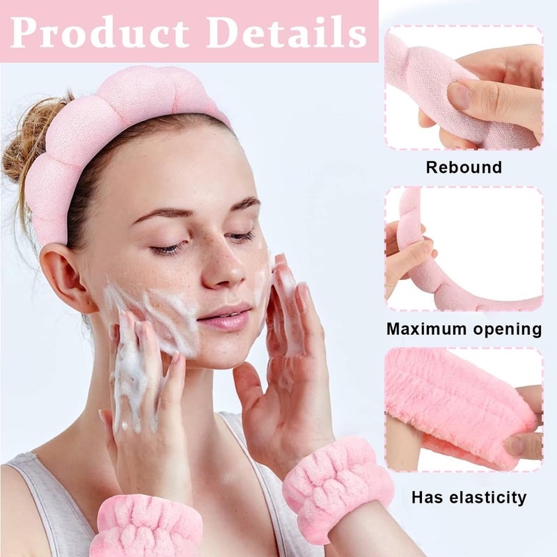 M'AYCREATE MAYCREATE® Spa Headband Wristband for Women Girls Face Washing, Facial Skincare Headband Sunflower Sponge Makeup Hairband Wrist Washband Combo Set - Pink - Image 3