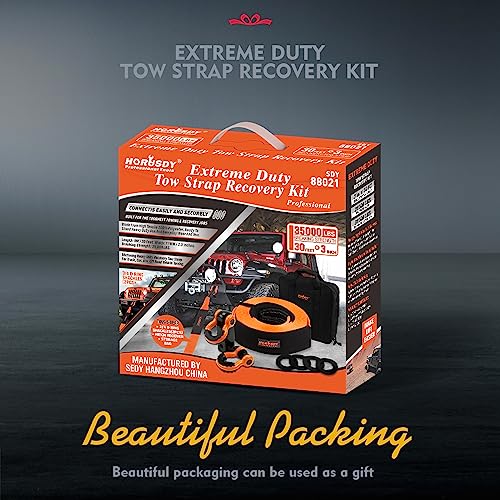 HORUSDY Nylon Heavy Duty Tow Strap Recovery Strap with Hooks 3" x 30Ft - 35,000 LBS Break Strength, 2" Shackle Hitch Receiver + 3/4 D Ring Shackles (2pcs), Recover Your Vehicle Stuck in Mud/Snow. - Image 2