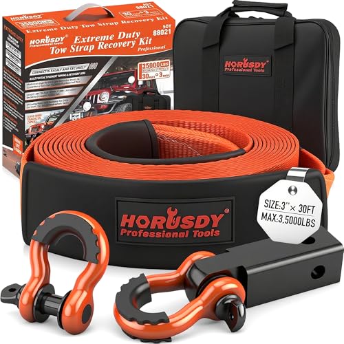 HORUSDY Nylon Heavy Duty Tow Strap Recovery Strap with Hooks 3" x 30Ft - 35,000 LBS Break Strength, 2" Shackle Hitch Receiver + 3/4 D Ring Shackles (2pcs), Recover Your Vehicle Stuck in Mud/Snow. - Image 1