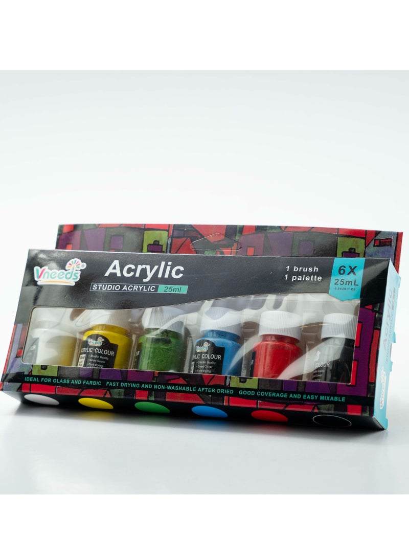 Vneeds Black Packet Liquid Paint Set: 25ml x 6 Colors with Brush & Palette – Bold Creativity Awaits!