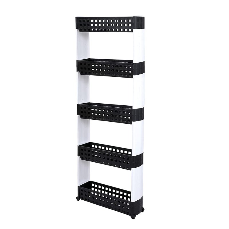 VISHVA 5 Layer Black & White New Slim Multipurpose Kitchen Storage Slim Rack with Wheels for Home, Office, Bedroom and Bathroom Plastic Stand (5 Layer, Black & White) - Image 5