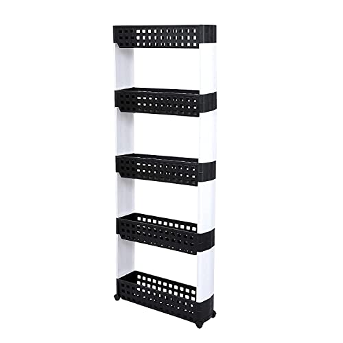 VISHVA 5 Layer Black & White New Slim Multipurpose Kitchen Storage Slim Rack with Wheels for Home, Office, Bedroom and Bathroom Plastic Stand (5 Layer, Black & White) - Image 1