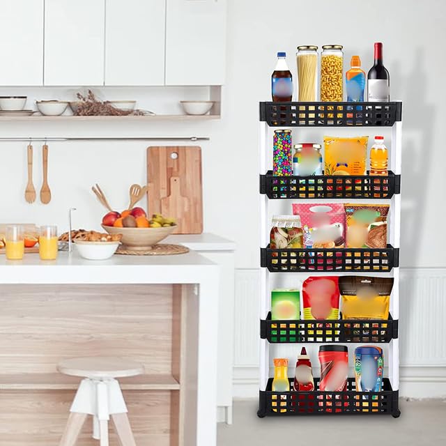 VISHVA 5 Layer Black & White New Slim Multipurpose Kitchen Storage Slim Rack with Wheels for Home, Office, Bedroom and Bathroom Plastic Stand (5 Layer, Black & White) - Image 3