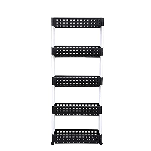 VISHVA 5 Layer Black & White New Slim Multipurpose Kitchen Storage Slim Rack with Wheels for Home, Office, Bedroom and Bathroom Plastic Stand (5 Layer, Black & White) - Image 2