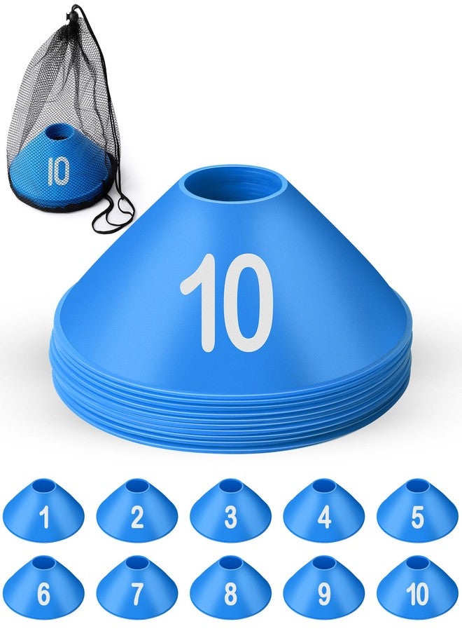 Relaxgiant 10 Pcs Numbered Sports Disc Cones 1-10 Soccer Cones with Mesh Carry Bag Flexible Agility Cones Soft Field Cones for Gym PE Classes School Activities Games, Sports Training Equipment (Blue) - Image 1