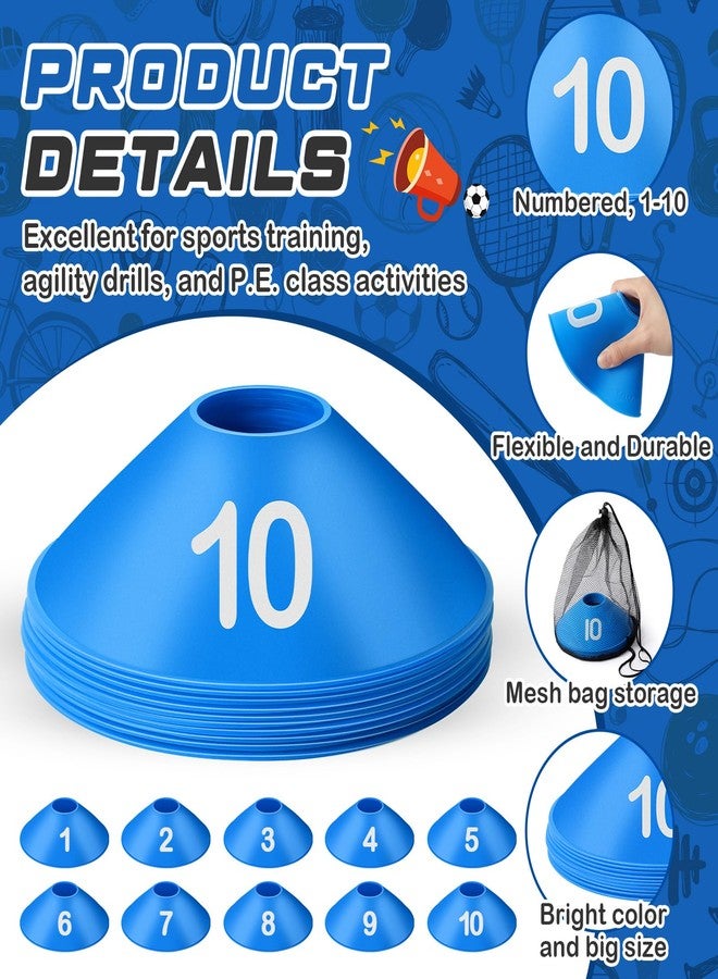 Relaxgiant 10 Pcs Numbered Sports Disc Cones 1-10 Soccer Cones with Mesh Carry Bag Flexible Agility Cones Soft Field Cones for Gym PE Classes School Activities Games, Sports Training Equipment (Blue) - Image 3