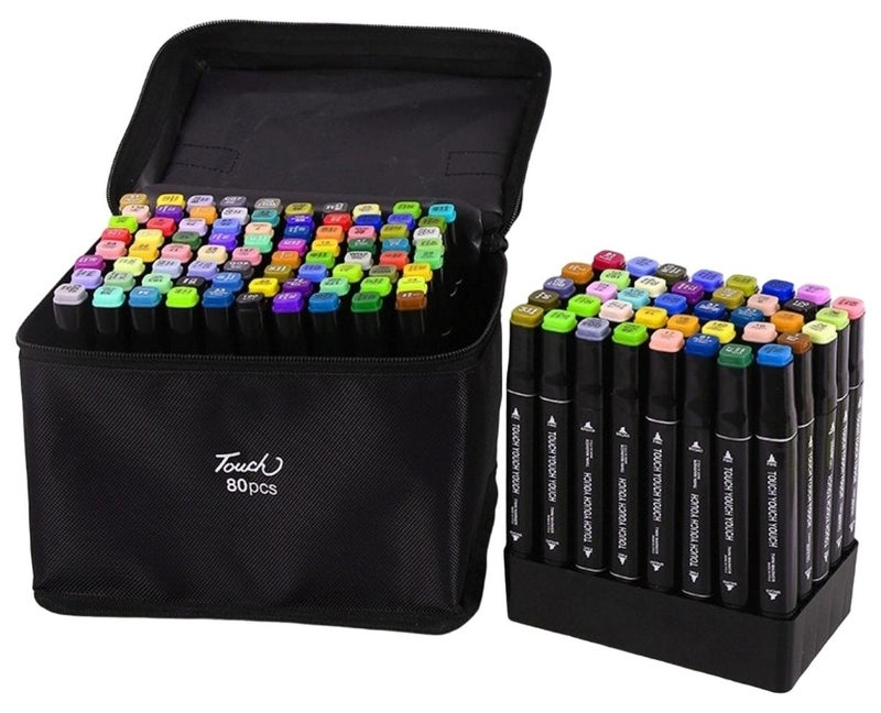 Touch 80pcs Dual Tip Markers Set, Assorted Colors Stylish Black Body with Black Cloth Bag - Image 1