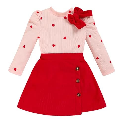 TITKKOP Toddler Girl Plaid Outfits Fall Winter Dress Knit Ribbed Bow Sweatshirt Tops and Button Fashion Skirts Set（red Heart,3T - Image 1