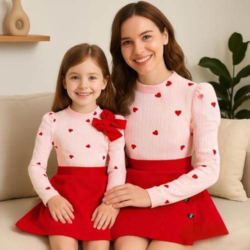 TITKKOP Toddler Girl Plaid Outfits Fall Winter Dress Knit Ribbed Bow Sweatshirt Tops and Button Fashion Skirts Set（red Heart,3T - Image 3