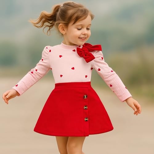 TITKKOP Toddler Girl Plaid Outfits Fall Winter Dress Knit Ribbed Bow Sweatshirt Tops and Button Fashion Skirts Set（red Heart,3T - Image 2