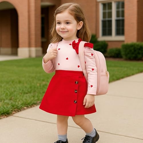 TITKKOP Toddler Girl Plaid Outfits Fall Winter Dress Knit Ribbed Bow Sweatshirt Tops and Button Fashion Skirts Set（red Heart,3T - Image 4