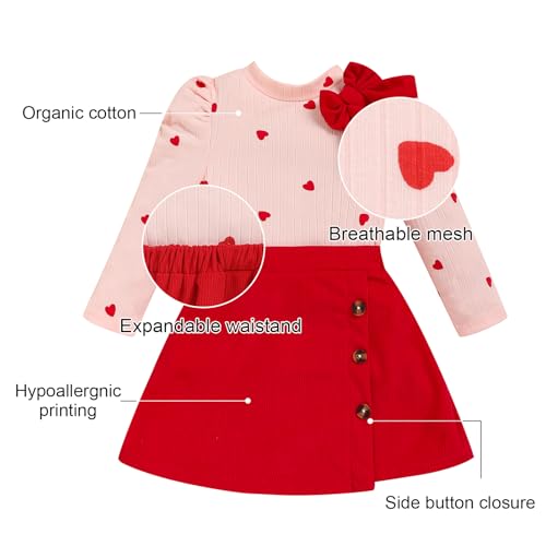 TITKKOP Toddler Girl Plaid Outfits Fall Winter Dress Knit Ribbed Bow Sweatshirt Tops and Button Fashion Skirts Set（red Heart,3T - Image 5
