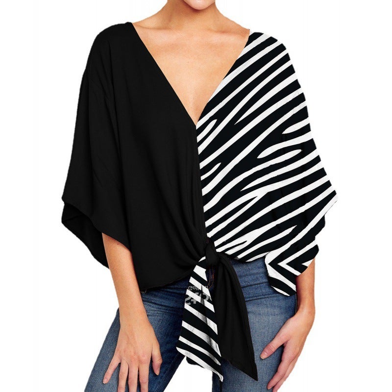 V Collar Half-Sleeve Printed Short Front Lace-Up Casual All-Match Internet-Popular T-Shirt - Image 5
