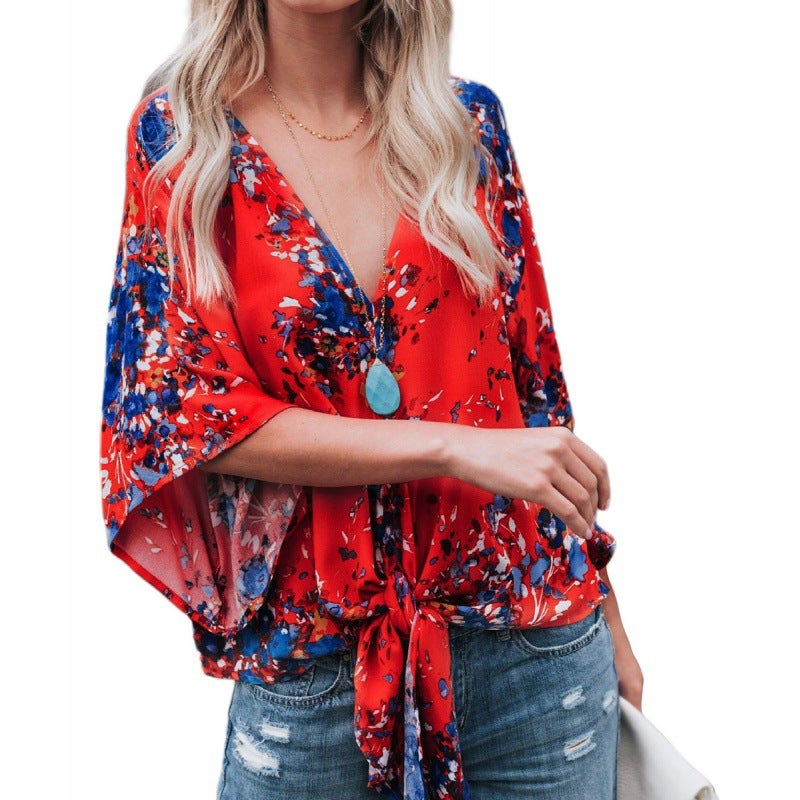 V Collar Half-Sleeve Printed Short Front Lace-Up Casual All-Match Internet-Popular T-Shirt - Image 4