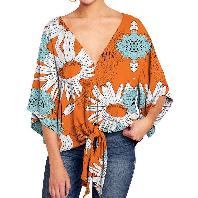 V Collar Half-Sleeve Printed Short Front Lace-Up Casual All-Match Internet-Popular T-Shirt - Image 1