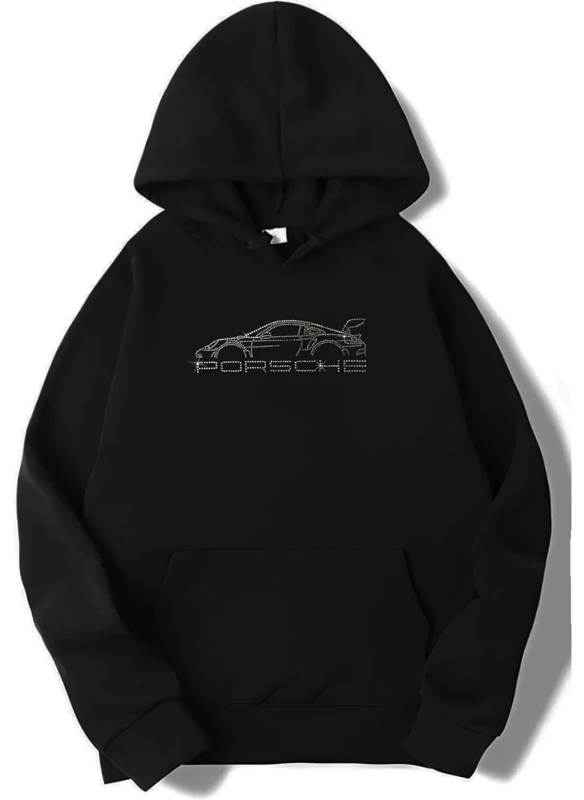 BRZ Collection Unisex Oversize Porsche Crystal Stone Printed Hoodie