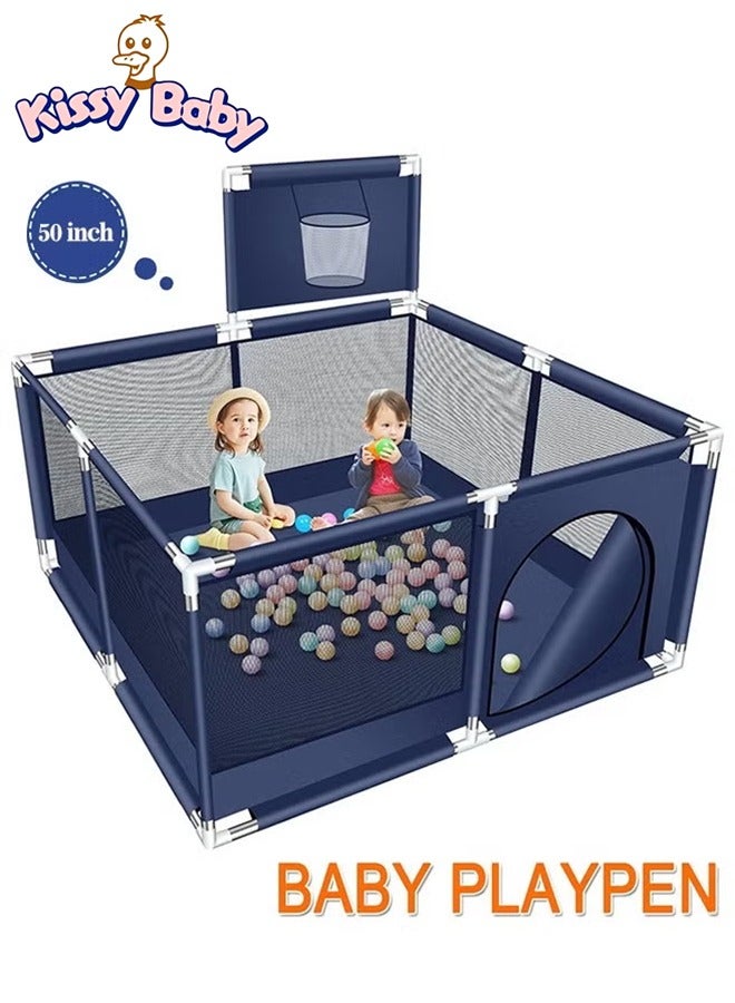 Kissy Baby Foldable Baby Playpen With Safety Fence And Basketball Hoop For Indoor Outdoor - Blue  - Image 1