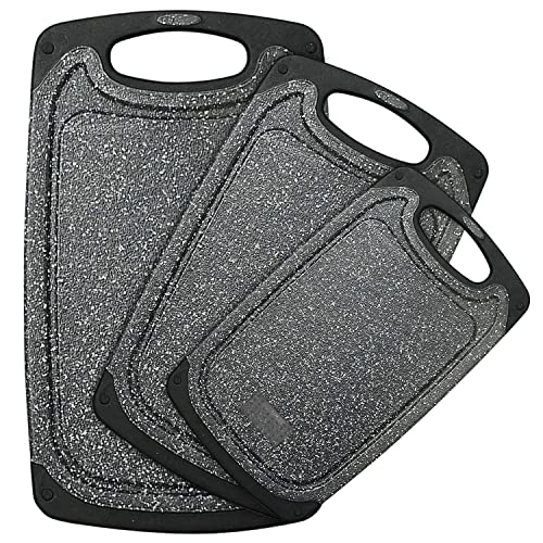 Viretang Plastic Cutting Board, 3 Pieces Dishwasher Safe Cutting Boards with Juice Grooves, Easy Grip Handle, Non-Slip, with Grinding Area for Grinding Garlic and Ginger（Dark Grey, XL） - Image 1