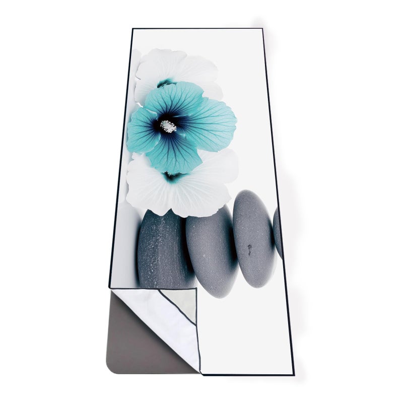 QiYi QiyI Yoga Towel with Travel Bag Microfiber MatSized Hot Yoga Towels Non Slip Blanket with Corner Pockets Quick Dry Mat Towel for Bikram Pilates Fitness  70x26 Pebbles  Blue White Flowers