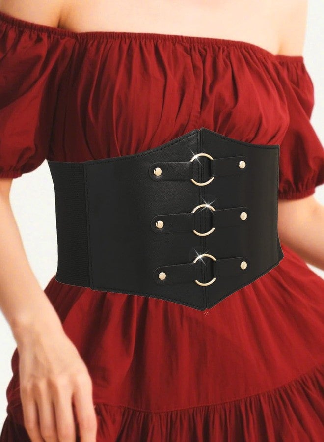 Urieo O-ring Black Corset Belt Leather Elastic Waist Cincher Belts Wide Stretch Halloween Costume Dresses Waspie Belt for Women - Image 5