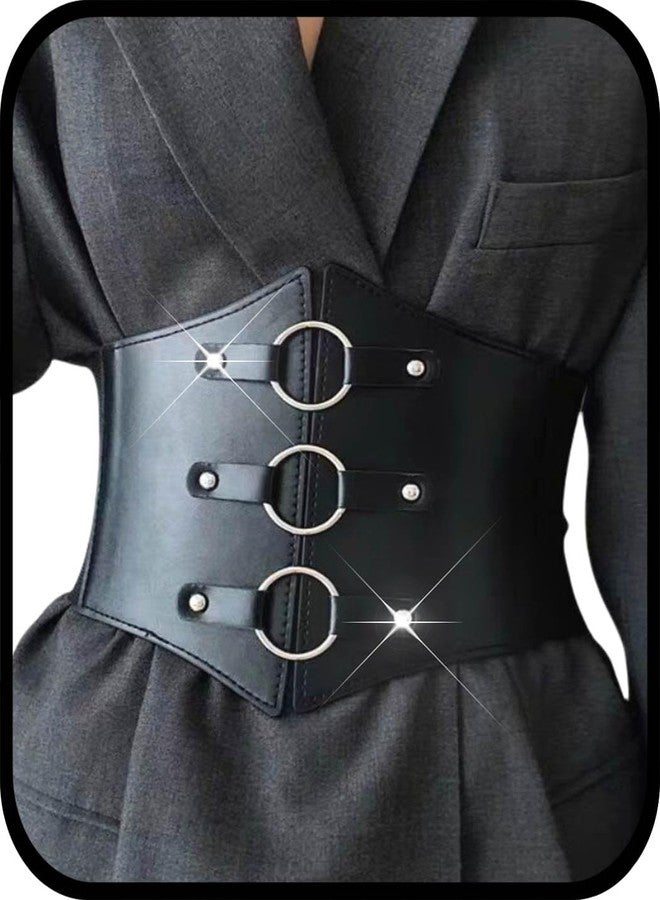 Urieo O-ring Black Corset Belt Leather Elastic Waist Cincher Belts Wide Stretch Halloween Costume Dresses Waspie Belt for Women - Image 1