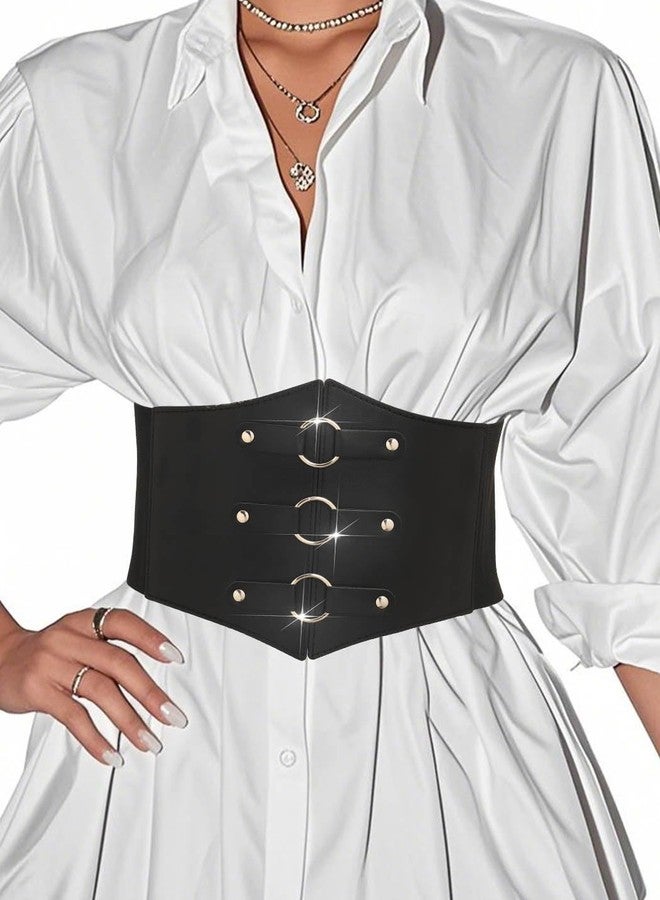 Urieo O-ring Black Corset Belt Leather Elastic Waist Cincher Belts Wide Stretch Halloween Costume Dresses Waspie Belt for Women - Image 3