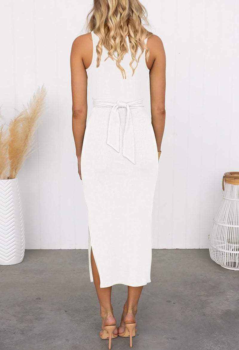 HUUSA Summer Sleeveless Ruched Bodycon Sundress Casual Round Neck Side Slit Ribbed Long Dresses Outfits for Women Date Night Sexy Cut Out Slim Fitting Tank Top Tshirt Dress White M - Image 4