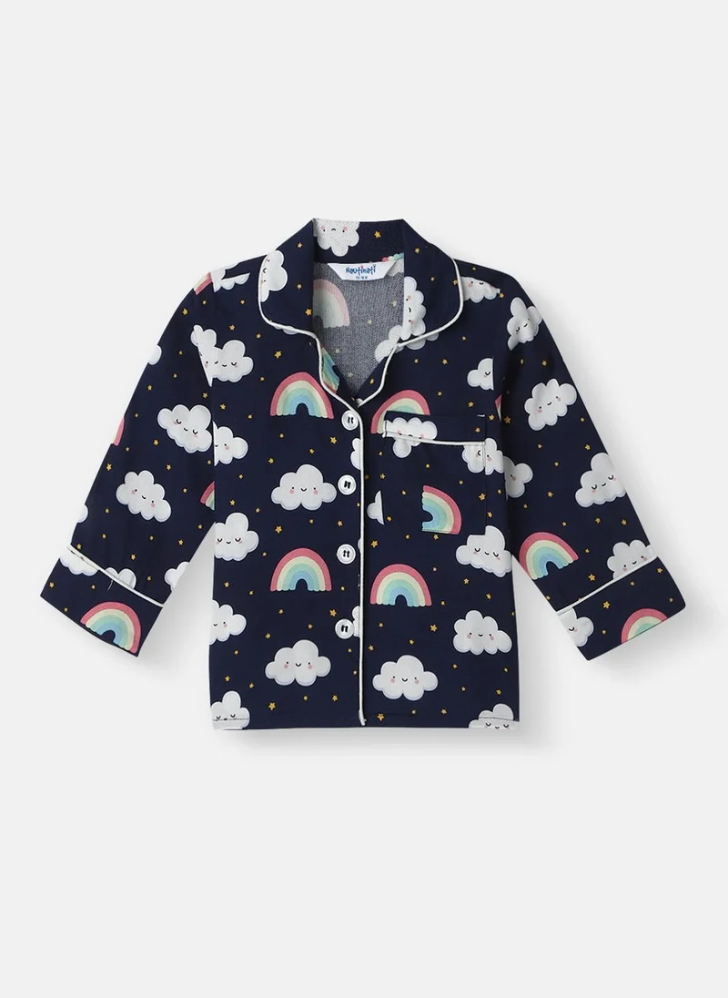 Nautinati Navy Blue Nautinati Boys' Clouds and Rainbow Print Chest Pocket Shirt and Pyjama Set for Men | Best Price UAE