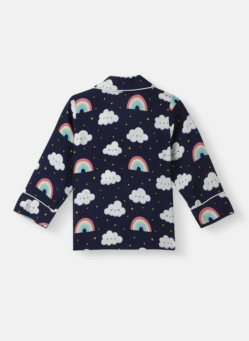 Nautinati Navy Blue Nautinati Boys' Clouds and Rainbow Print Chest Pocket Shirt and Pyjama Set for Men | Best Price UAE