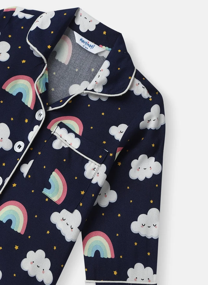 Nautinati Navy Blue Nautinati Boys' Clouds and Rainbow Print Chest Pocket Shirt and Pyjama Set for Men | Best Price UAE