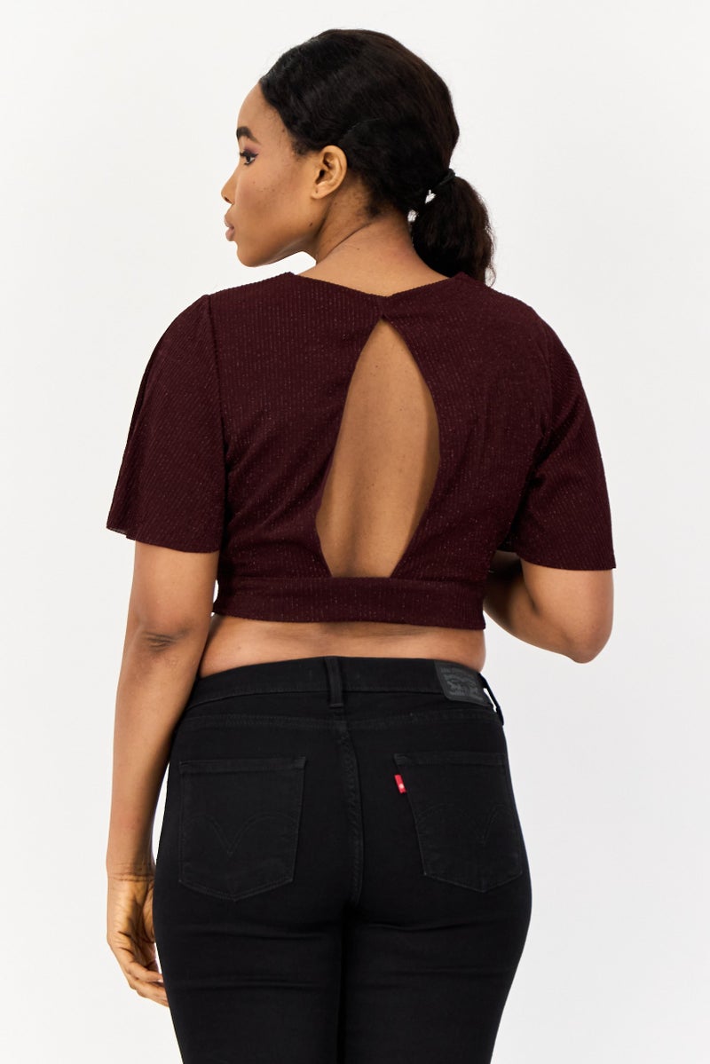 ONLY Women V Neck Short Sleeves Metallic Crop Top, Maroon - Image 4