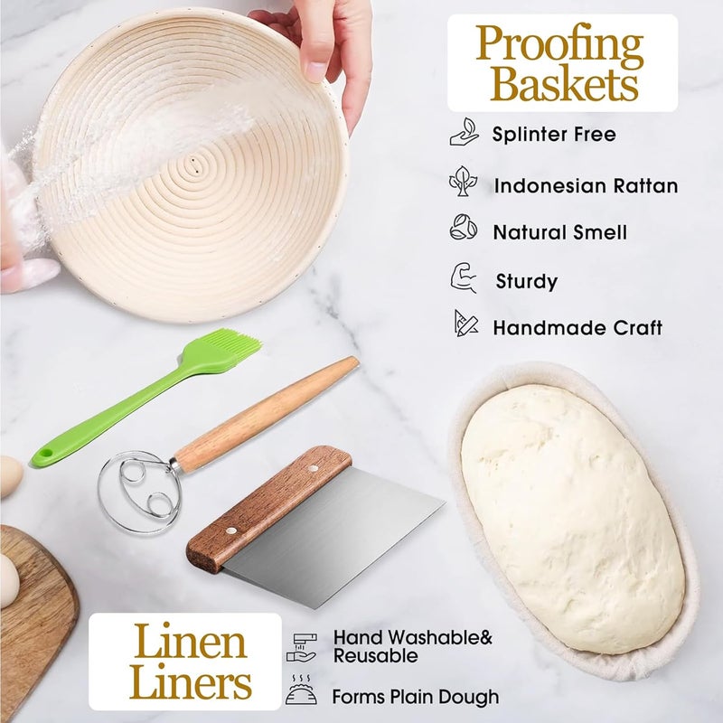 Dimpola Banneton Bread Proofing Basket Banneton Basket Set Sourdough Proofing Basket Round Proofing Bowls Handmade Rattan Baskets and Liners (Oval & Round Baking Set) - Image 2