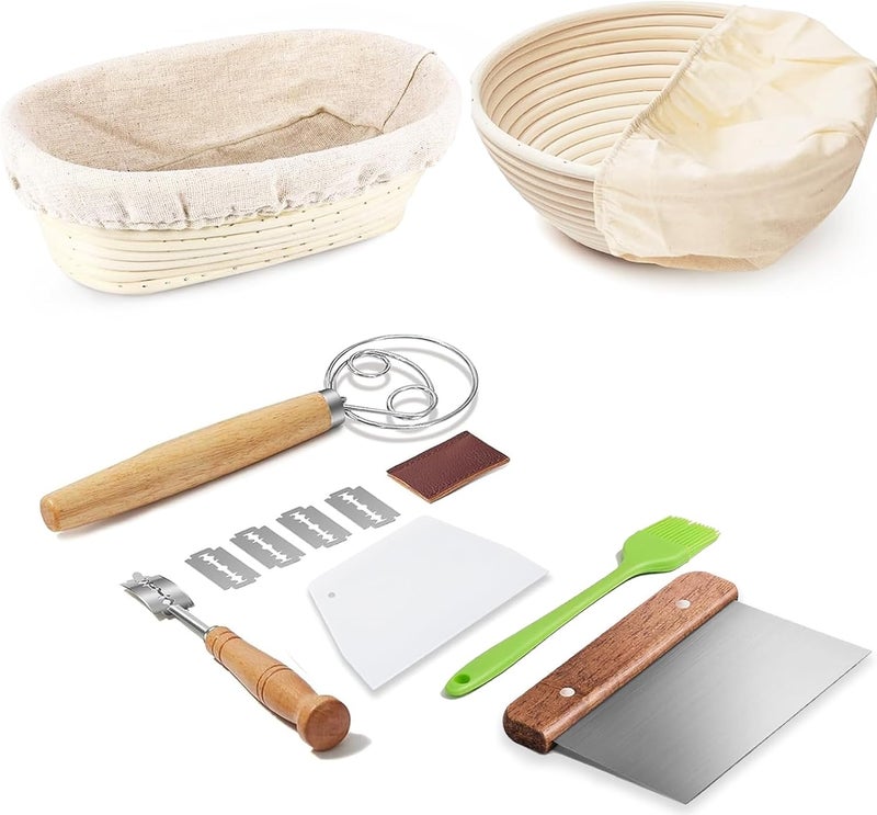 Dimpola Banneton Bread Proofing Basket Banneton Basket Set Sourdough Proofing Basket Round Proofing Bowls Handmade Rattan Baskets and Liners (Oval & Round Baking Set) - Image 1