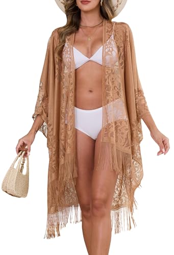 colornival Elegant Lace Kimono Beach Cover-Up – Breezy Open Front Robe for Women, Perfect for Vacation (Khaki) - Image 1