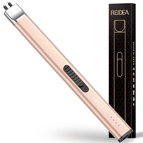REIDEA Electric Lighter Gifts for Candle Lovers, Retractable Top Windproof Flameless USB Rechargeable Arc with Safe Button and Power Indicator for Candle, BBQ and Fireworks, R1 Flat, Champagne Gold - Image 1