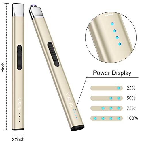 REIDEA Electric Lighter Gifts for Candle Lovers, Retractable Top Windproof Flameless USB Rechargeable Arc with Safe Button and Power Indicator for Candle, BBQ and Fireworks, R1 Flat, Champagne Gold - Image 2