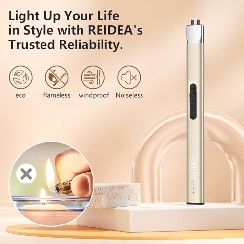 REIDEA Electric Lighter Gifts for Candle Lovers, Retractable Top Windproof Flameless USB Rechargeable Arc with Safe Button and Power Indicator for Candle, BBQ and Fireworks, R1 Flat, Champagne Gold - Image 3