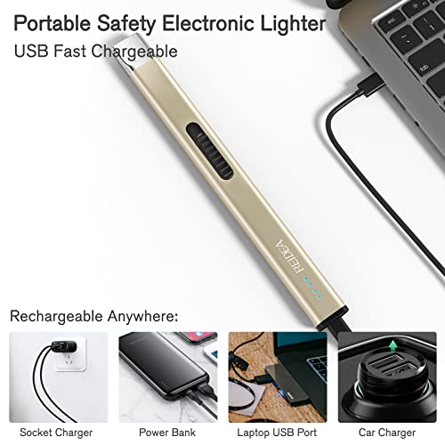 REIDEA Electric Lighter Gifts for Candle Lovers, Retractable Top Windproof Flameless USB Rechargeable Arc with Safe Button and Power Indicator for Candle, BBQ and Fireworks, R1 Flat, Champagne Gold - Image 4