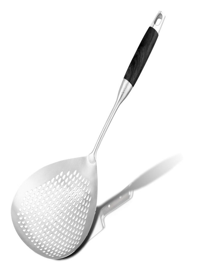 Lyveit Large Slotted Spoon with Long Wooden Handle - Lyveit 16 Inch Deep Frying Scoop with Hanging Holes, 304 Stainless Steel Fryer Skimmer Spoons for Kitchen Cooking Frying Draining - Image 1