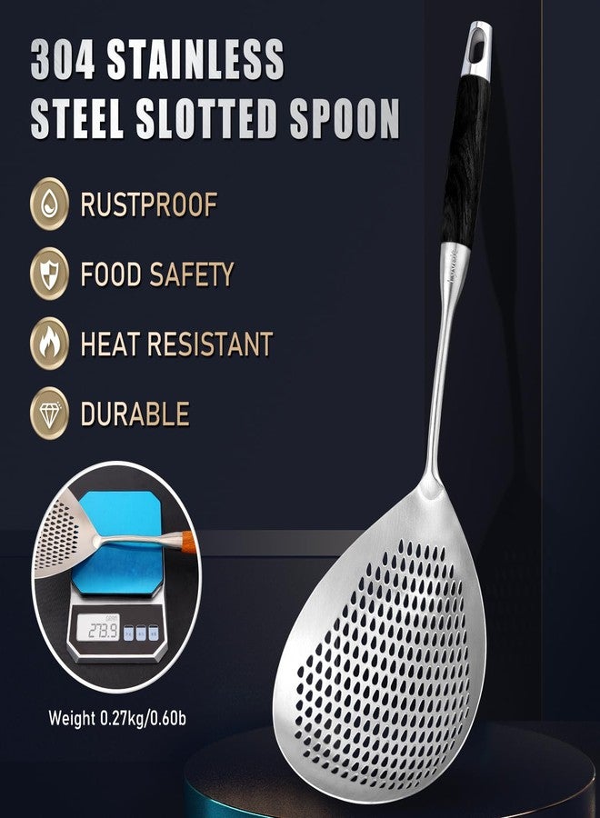 Lyveit Large Slotted Spoon with Long Wooden Handle - Lyveit 16 Inch Deep Frying Scoop with Hanging Holes, 304 Stainless Steel Fryer Skimmer Spoons for Kitchen Cooking Frying Draining - Image 5