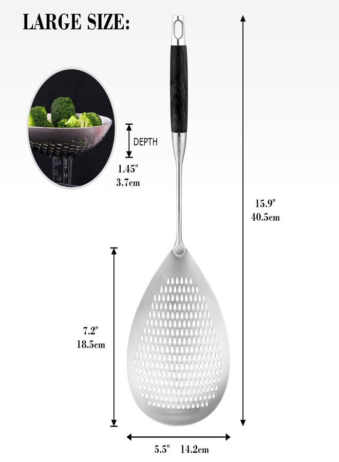 Lyveit Large Slotted Spoon with Long Wooden Handle - Lyveit 16 Inch Deep Frying Scoop with Hanging Holes, 304 Stainless Steel Fryer Skimmer Spoons for Kitchen Cooking Frying Draining - Image 3