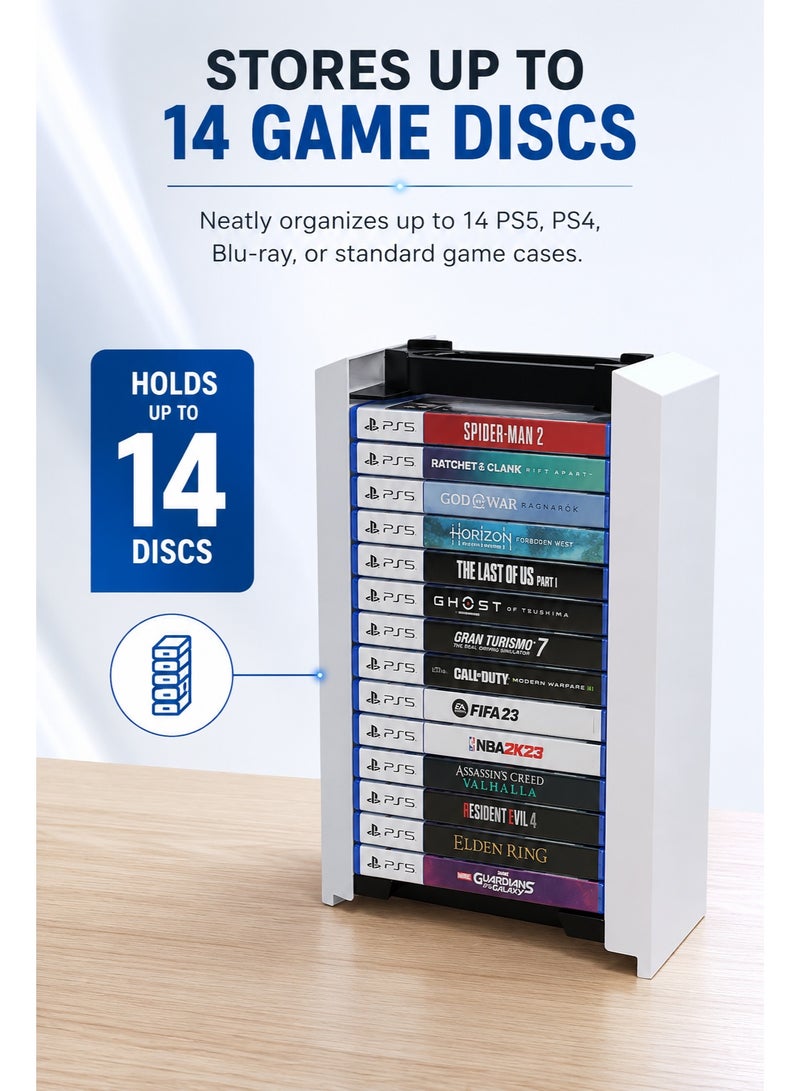 دوبي حامل تخزين أقراص ألعاب PS5 يتسع لـ 14 علبة ألعاب Blu-ray | منظم عمودي موفر للمساحة | رف تخزين متين من مادة ABS | سهل التركيب | لون أبيض - Image 5