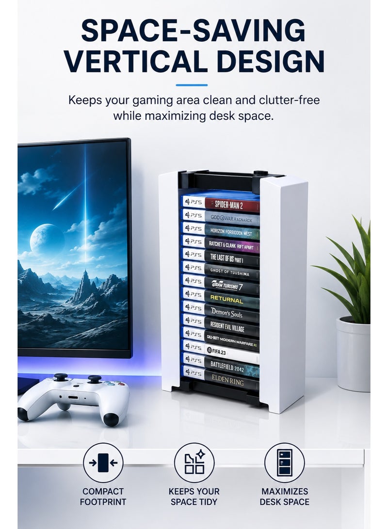 دوبي حامل تخزين أقراص ألعاب PS5 يتسع لـ 14 علبة ألعاب Blu-ray | منظم عمودي موفر للمساحة | رف تخزين متين من مادة ABS | سهل التركيب | لون أبيض - Image 4