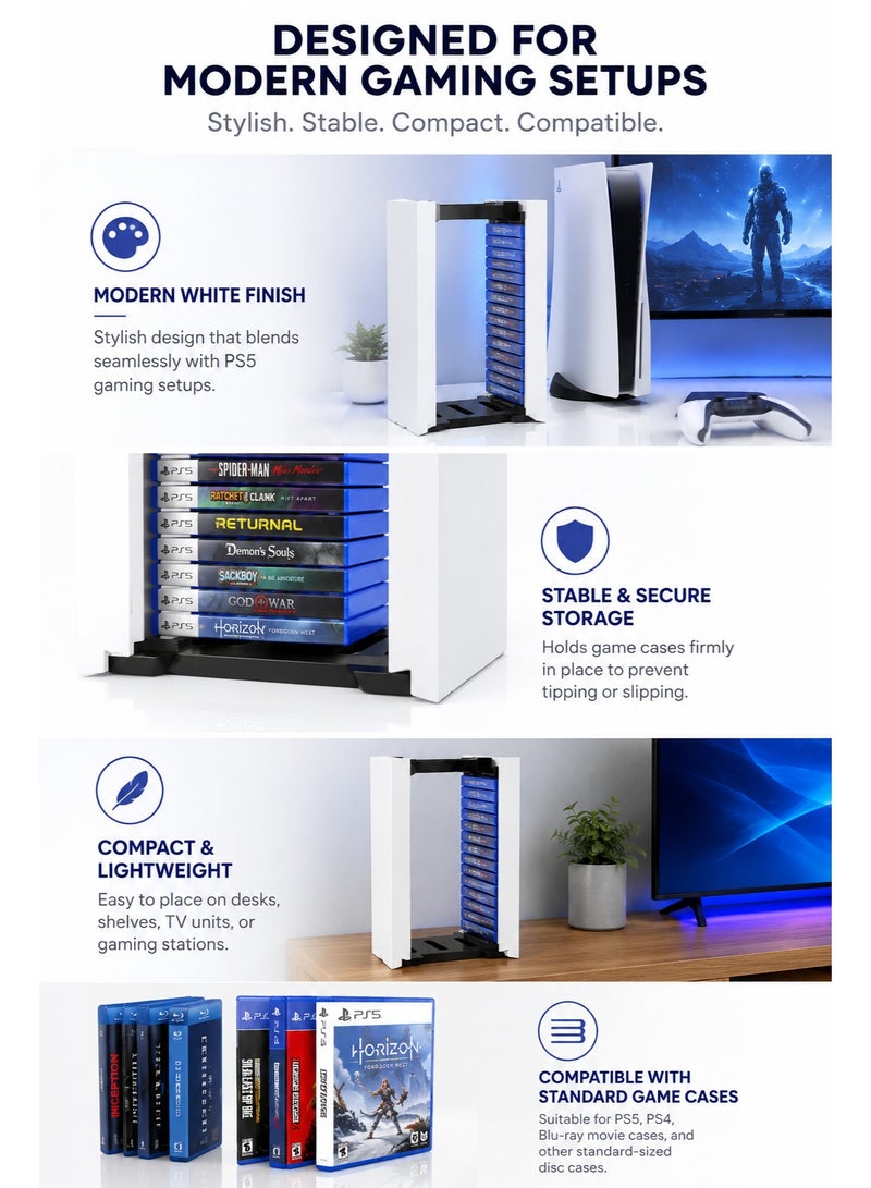دوبي حامل تخزين أقراص ألعاب PS5 يتسع لـ 14 علبة ألعاب Blu-ray | منظم عمودي موفر للمساحة | رف تخزين متين من مادة ABS | سهل التركيب | لون أبيض - Image 3