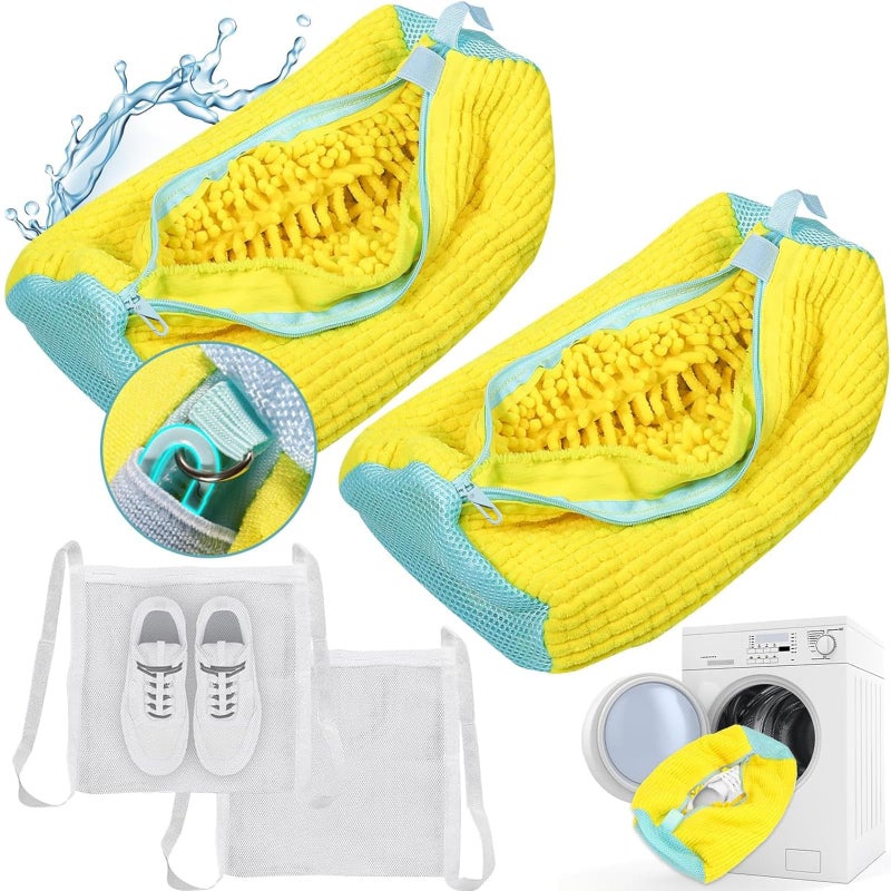 Shoe Washing Machine bag Shoe Laundry Bag for Washer and Dryer Include Dry Net Bag Reusable and Durable Zipper with Hook Design Shoe Washing Bag for Sneaker Yellow 2 Pack