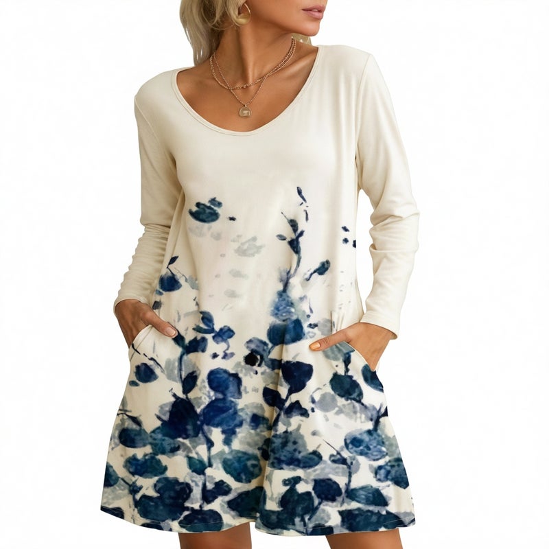 Long Sleeve Round Neck Pocket Print Dress