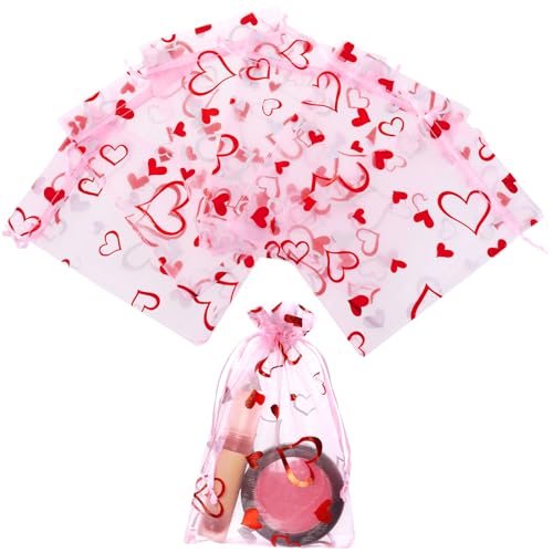 Bskifnn Love Heart Printed Valentine Candy Bags Organza Bags Gift Jewelry Bags for Wedding Valentine's Day Mother's Day Party 4 x 6Inch (50) - Image 3