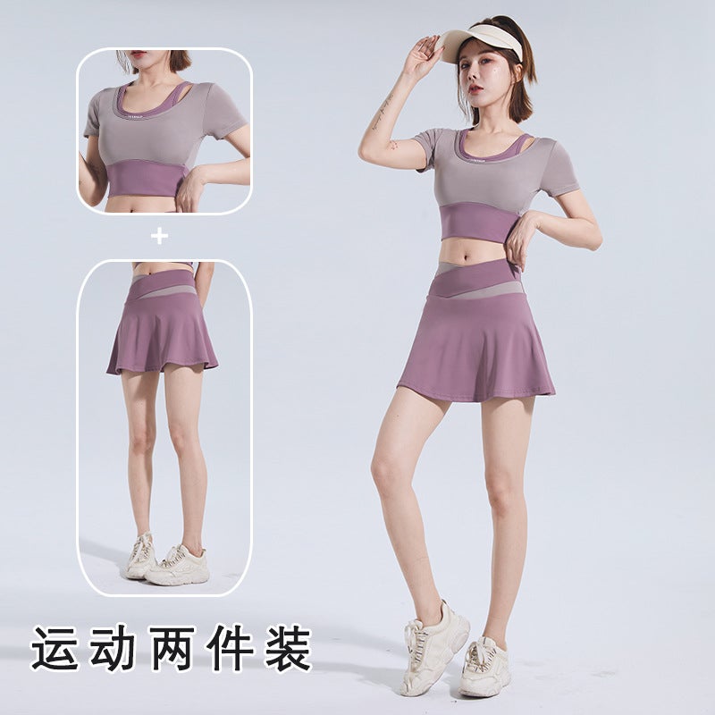 Generic Color-Block Quick-Dry Yoga Fitness Suit Milk skin purple [short sleeve] + berry purple [Skirt]] 